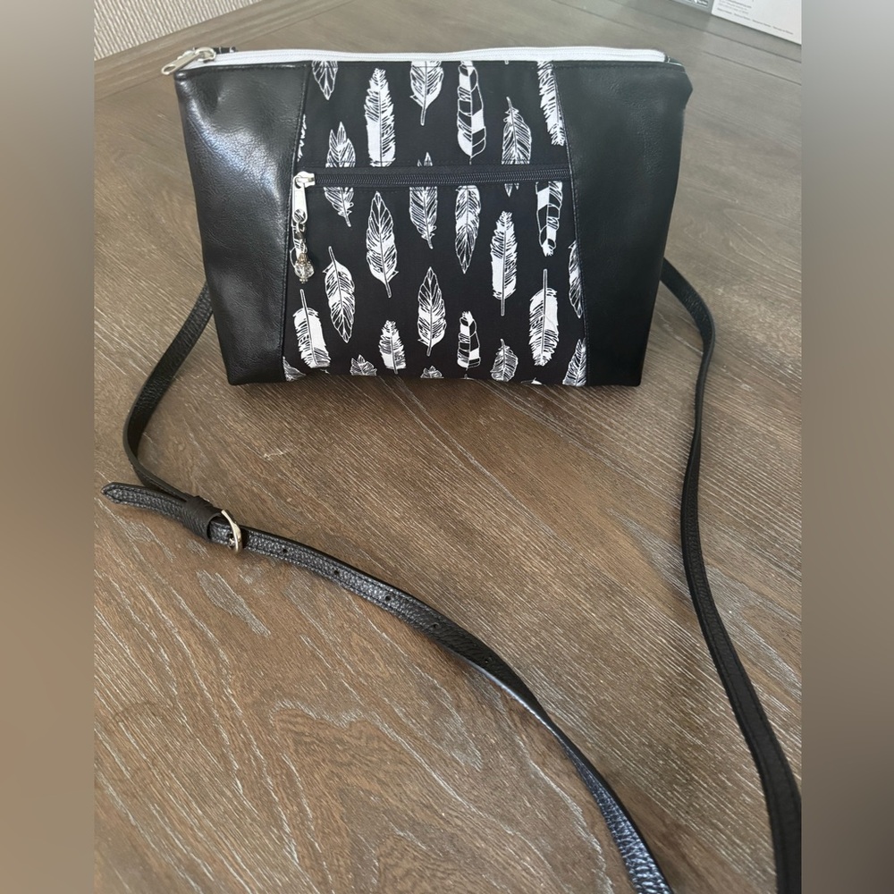 Handmade Black and White Vinyl and Feather Print Crossbody Bag